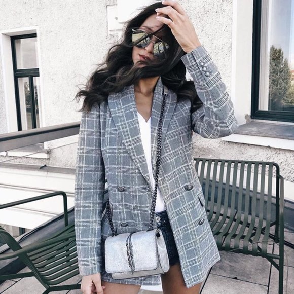 Zara Grey Plaid Double Breasted Blazer 